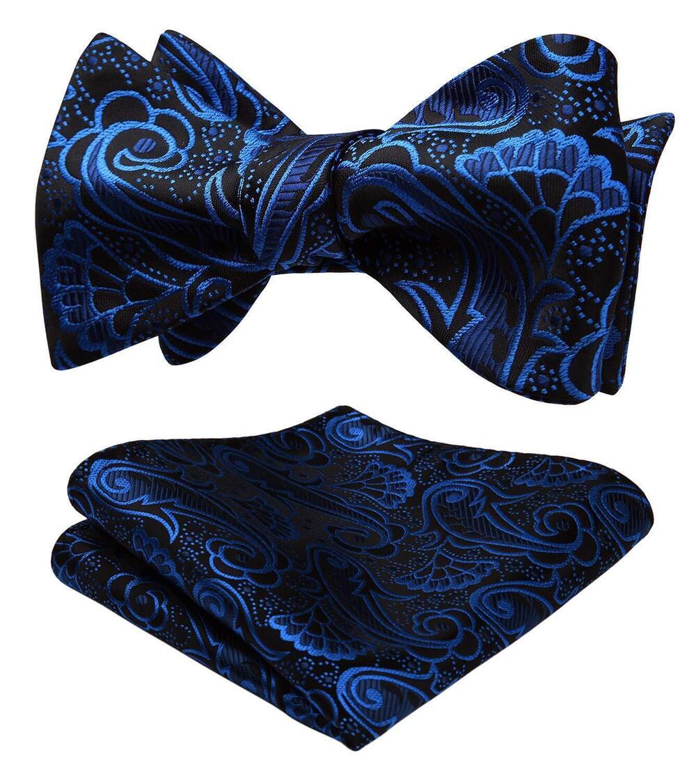 6145 Bow Ties Black Blue Paisley Bowties Self Tie Bow Tie and Pocket Square